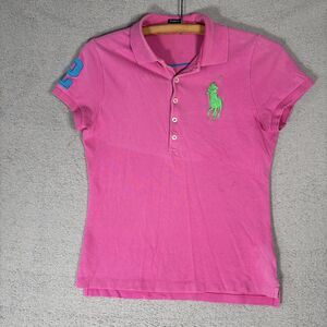 Vintage Ralph Lauren Skinny Polo Womens Size S Pink Big Pony Y2K Blokette Preppy